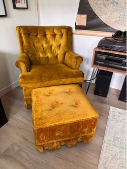 Vintage Green/Gold Crush Velvet Sofa Chair and Ottoman