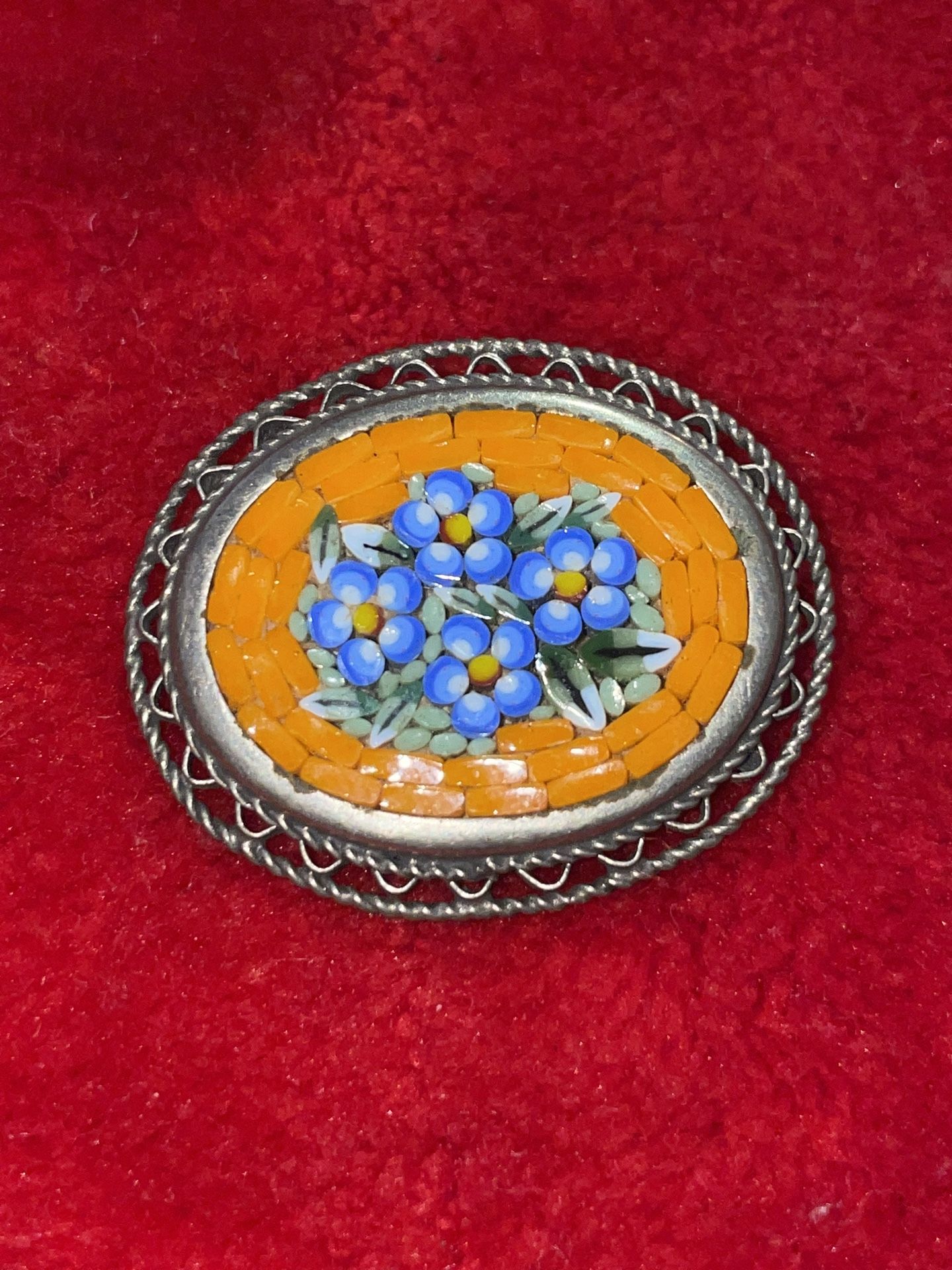 VINTAGE ITALIAN MICRO MOSAIC ORANGE FLORAL OVAL BROOCH