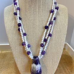 Triple Strands  Amethyst  Necklace  With  Beautiful  Pendant 