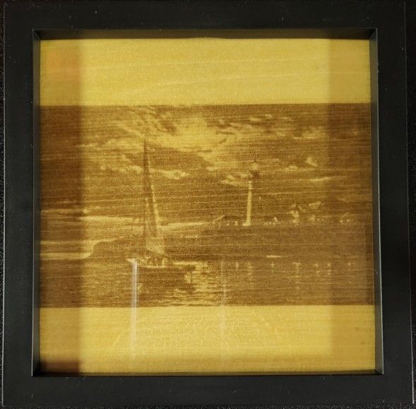 Lighthouse And Sailboat Wood Engraving