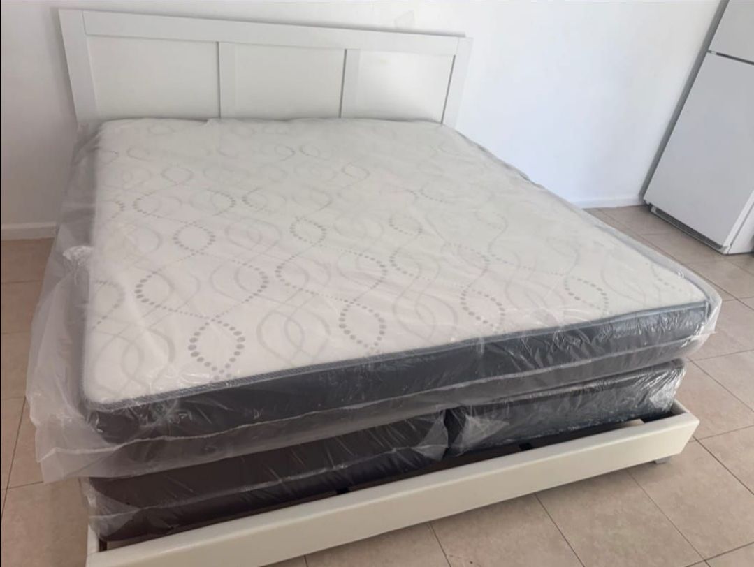 New KING Size Platform Bed Frame With Mattress And Box Spring Set FREE DELIVERY wooden headboard White Bed
