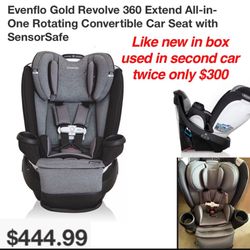 Like new in box only used 2 times in second car no longer need Evenflo Gold Revolve 360 Extend All-in-One Rotating Convertible Car Seat with SensorSaf