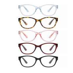 5-Pack Women’s Reading Glasses +2.50 with Case | Tortoise, Blue, Red, Black, Pink Crystal