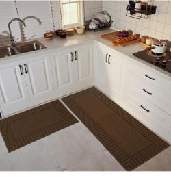 BEQHAUSE-Kitchen-Rugs-Anti-Slip-Kitchen-Mats-for-Floor Absorbent Kitchen Mat Set of 2 Washable Kitchen Runner Rug with TPR Non Skid Backing,Brown 24x3