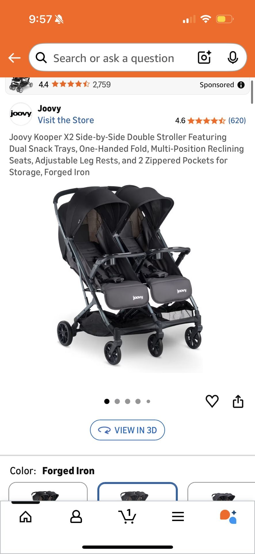 Joovy Kooper X2 Side-by-Side Double Stroller Featuring Dual Snack Trays, One-Handed Fold, Multi-Position Reclining Seats, Adjustable Leg Rests, and 2 