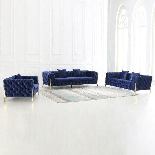 Sofa And Loveseat Blue Velvet Fabric, Metal Legs Gold Finish. New Especial Price