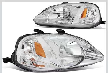 DNA MOTORING Pair Headlight Assembly Compatible With 99-00 Honda Civic, Chrome/Amber（HL-CIV99-CH)