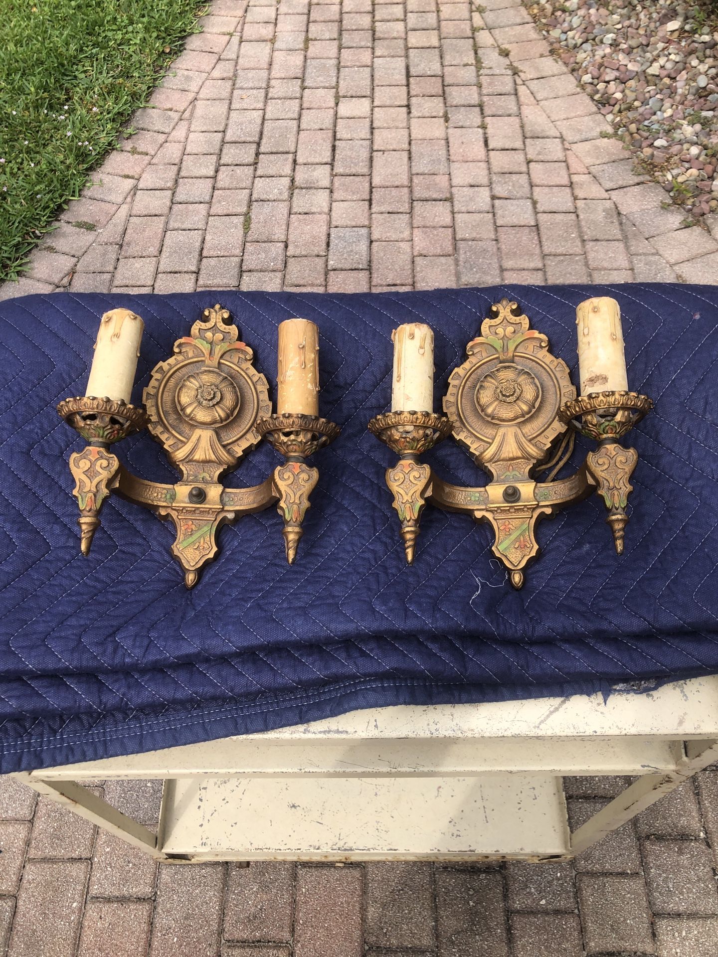 PAIR- Antique Cast Iron Lapco # 1849 Spanish Revival 2 Lite Wall Sconce With Polychrome Finish