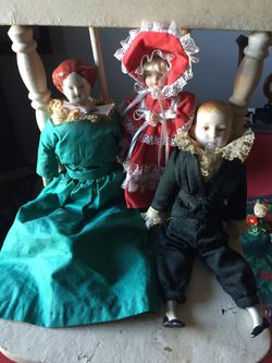3 Vintage Porcelain Dolls and Wood Chair