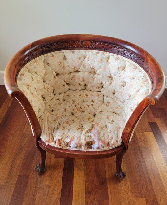 Antique Victorian Upholstered Wood Barrel Chair