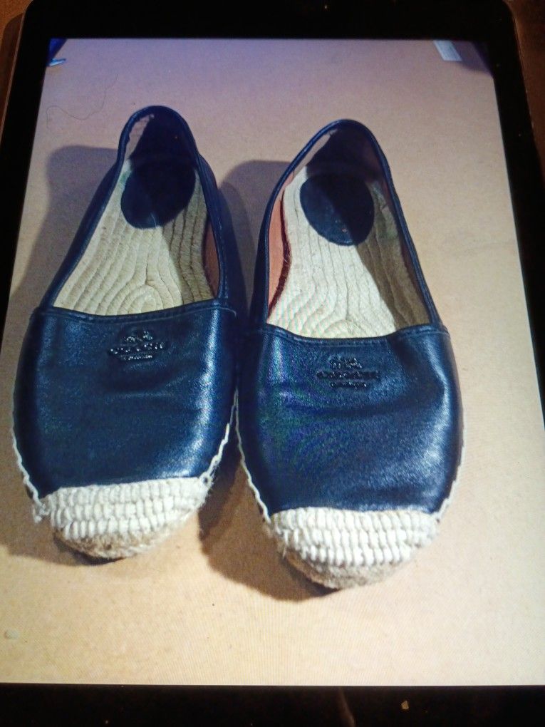 COACH ON FLAT STRAW ESPADRILLE BLACK LEATHER FLATS