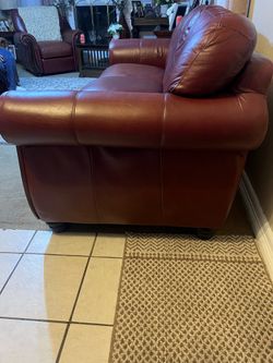 Genuine Leather Sofa & Chair Set – Rich Burgundy Leather – Good Condition