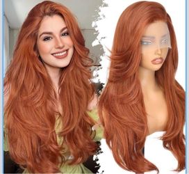 13x4 HD Lace Front Glueless Wigs for Women Ginger Long Layered Overnight Curls Wave Wig Natural Hairline Heat Resistant Synthetic for Daily Use Beginn