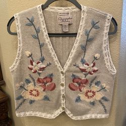 Vtg Christopher & Banks Floral Hand Embroidered Knit Boho Oversized Vest-Small