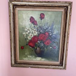 Vintage Original Oil Painting Red Roses