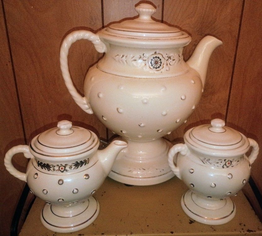 Vintage Porcelier Ceramic Percolator Coffee Pot, Creamer & Sugar Bowl 
