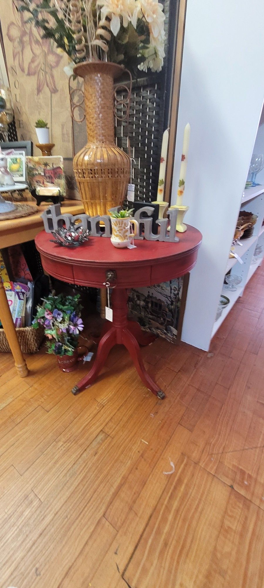 Great Red Vintage Round End Table Available At Collins Street Junction Antique Shop In Plant City 