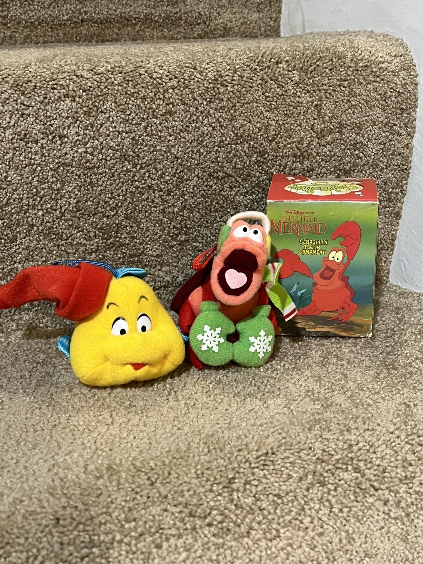 1989 Disney Little Mermaid McDonalds Christmas Ornament Flounder Sebastian Plush