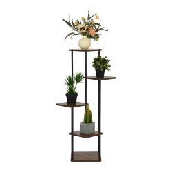PLANN 5 Tier 42” Plant Stand Rustic Brown Shelves Black Metal Frame Corner Display Tower for Living Room Bedroom Office