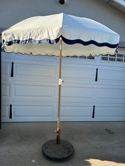 7’ White w/ Dark Navy Blue Trim Fringed Outdoor Boho Beach Patio Umbrella