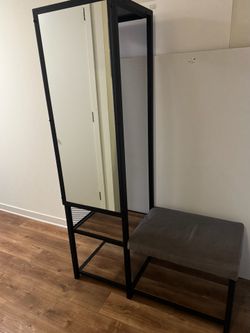 Industrial Hall Tree Entryway Bench w/ Mirror – Black Metal