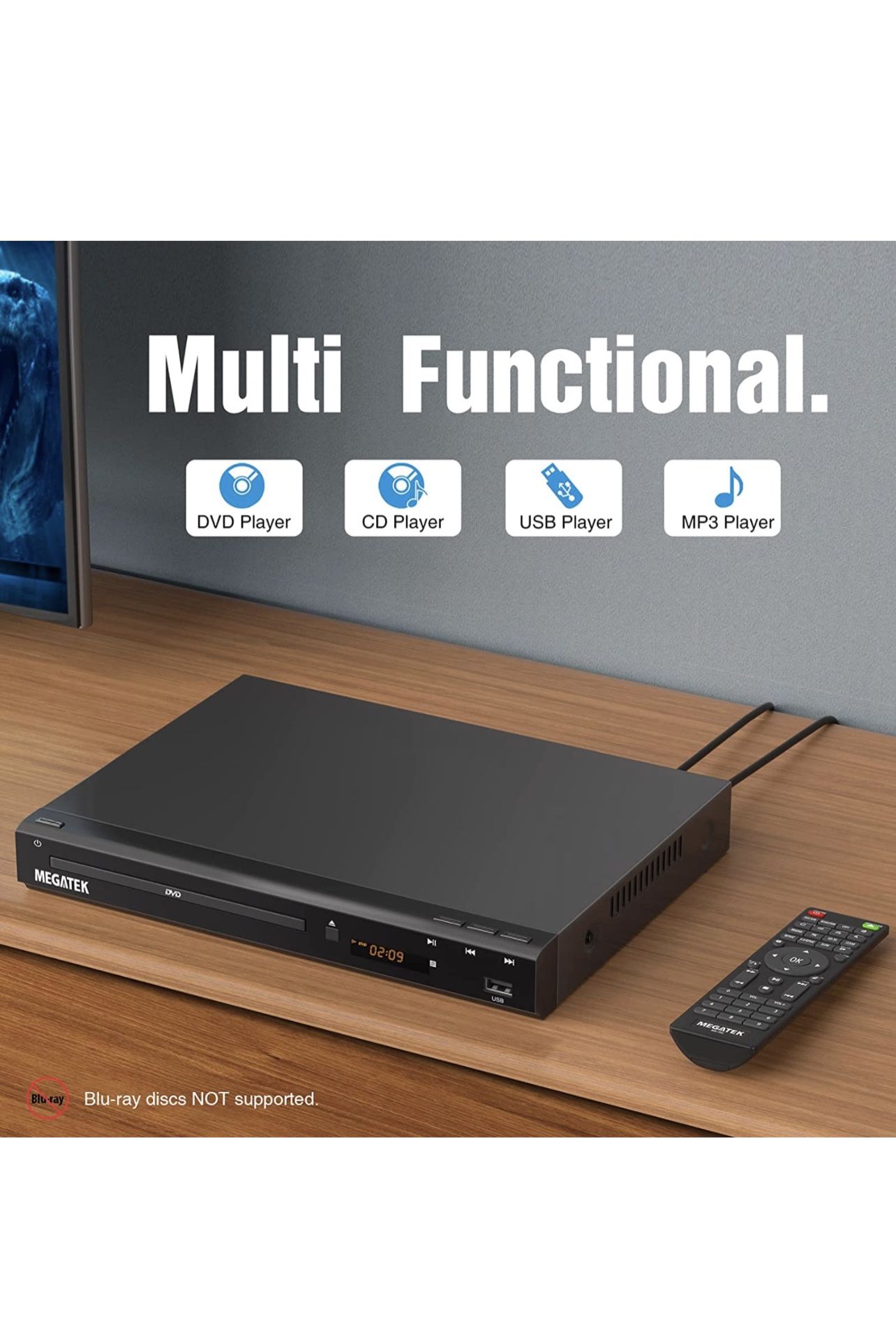 MEGATEK Region-Free DVD Player for TV with HDMI, Small CD Player for Home Stereo System, Plays All Regions/Formats, USB Port, Metal Casing, Compact De