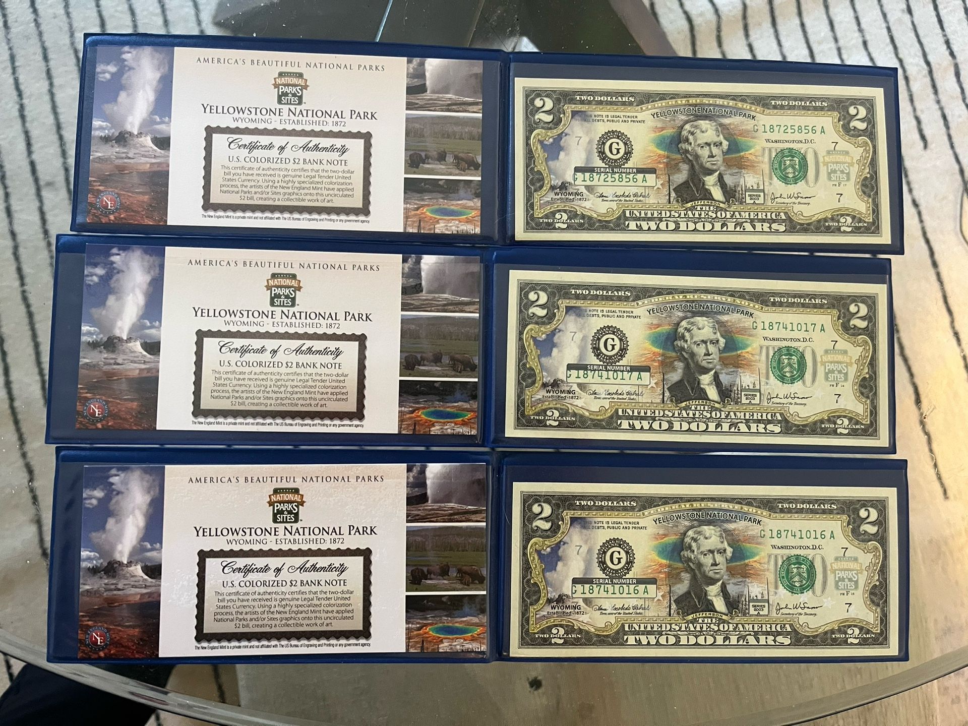 Lot Of 3 Colorized $2 Bill - Genuine Legal Tender- Yellowstone National Forest 