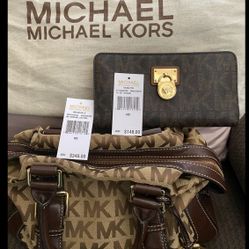 Michael Kors Brookville MD  Bowling satchel Bag with Michael Kors Long Zip Around Wallet Beige/Mocha