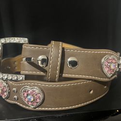 Nocona Belt Co.  Girls Brown Leather Belt With Pink Rhinestone Hearts Size 24
