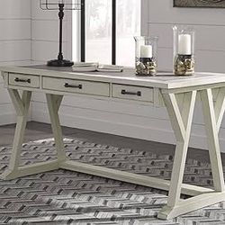 Farmhouse Home Office Desk with Drawers, White & Gray