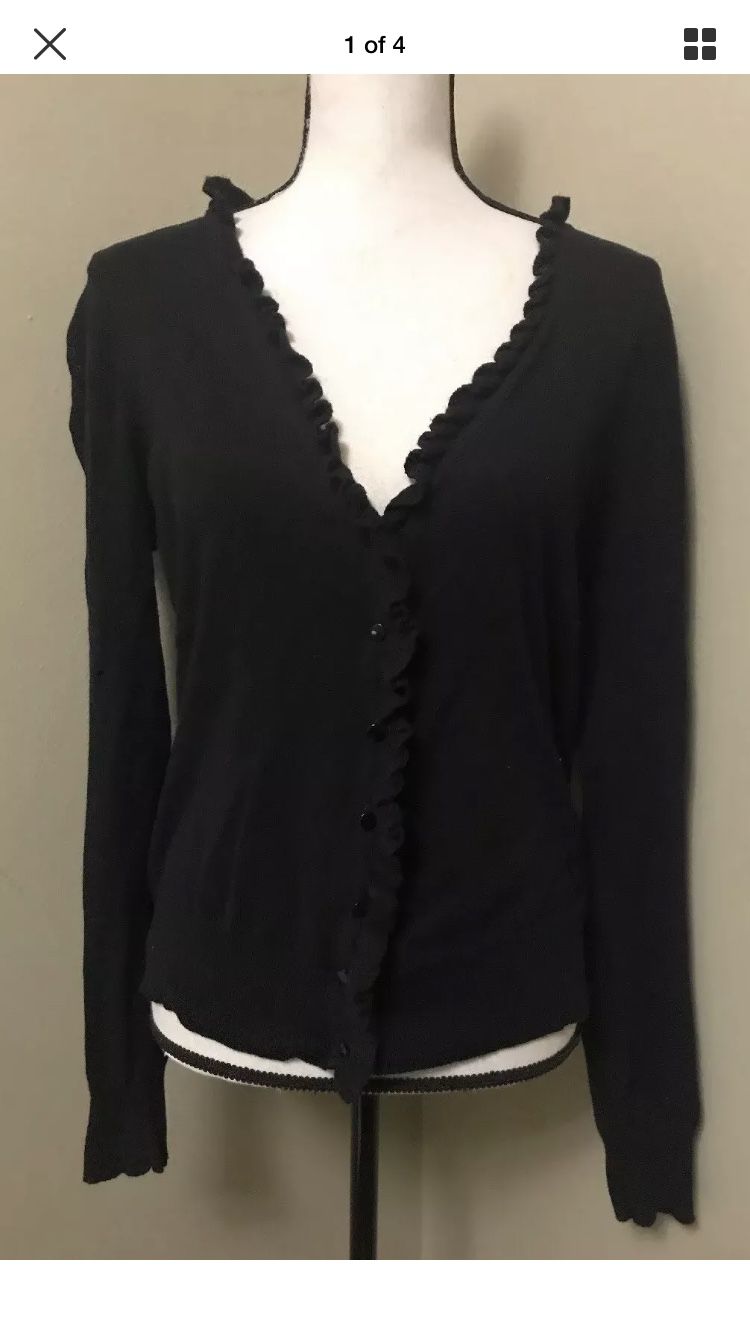 MERONA Solid Black Ruffle Button-Down Cardigan Sweater Size M