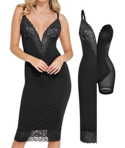 Built-In Sculpting Lace Trim Midi Slip Dress