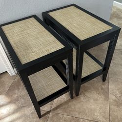(NEW) Set Of 2 Black Oak Rattan Nightstands 