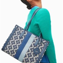 NWT Kate Spade Flower Jacquard Stripe Market Medium Tote Bag Blue Multi.
