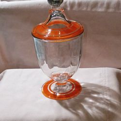 Vintage Footed Glass Apothecary Jar With Lid And Orange Accents