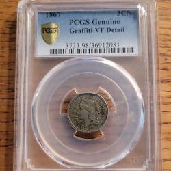 1867 3CN PCGS Genuine Graffiti VF Detail
