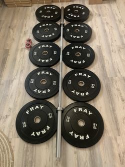 Set 260 Lbs 🏋️♀️ Rubber Bumper Plates + Olympic Barbell with Collars All Brand New In Box 📦
