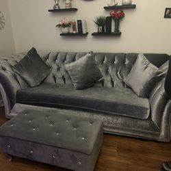 Velvet Light Gray Couch With Ottoman
