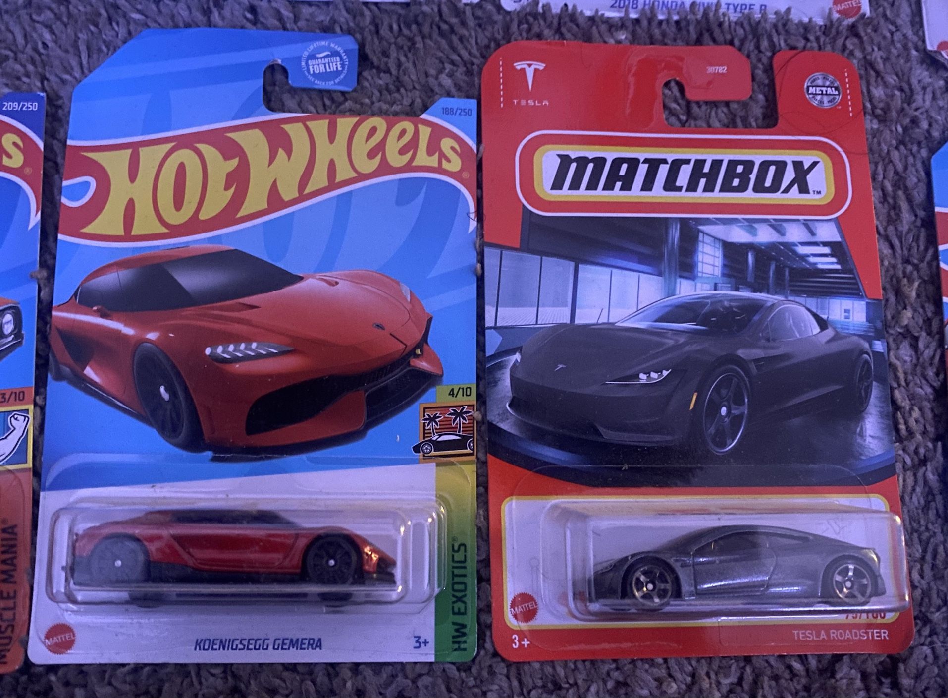 Hot Wheels Red KOENIGSEGG GEMERA & Matchbox Tesla Roadster