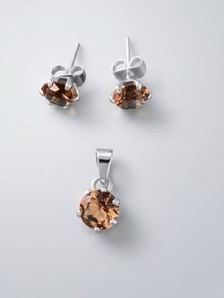 Sterling  Silver brown  zirconia Pendant and Earrings Set of 3