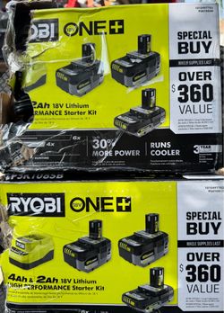 RYOBI ONE+ 18V Lithium Starter Kit with 2.0 Ah Battery, (2) 4.0 Ah Batteries, and Charger