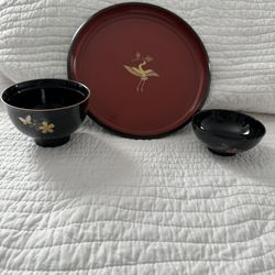 Vintage Hanae Mori Chiki Chic Lacquerware Bowl set & Platter.