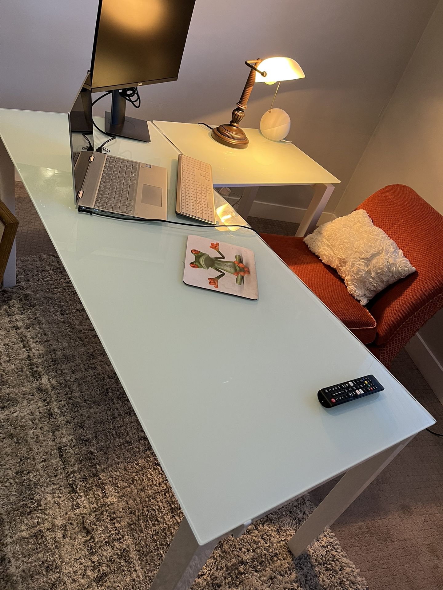 L-shaped glass desk