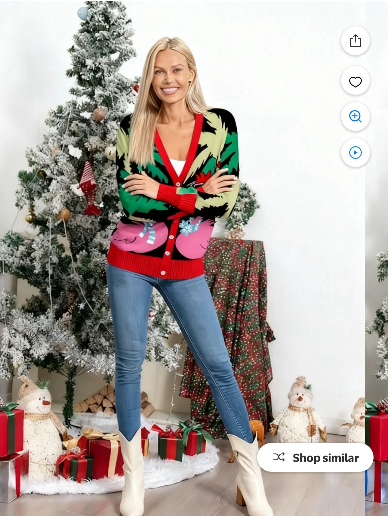 Christmas Flamingos Cardigan Sweater V Neck Button Down