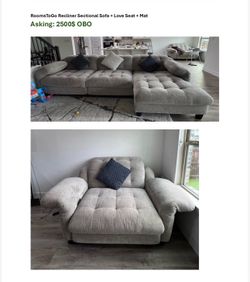 RoomsToGo Recliner Sectional Sofa + Love Seat + Mat