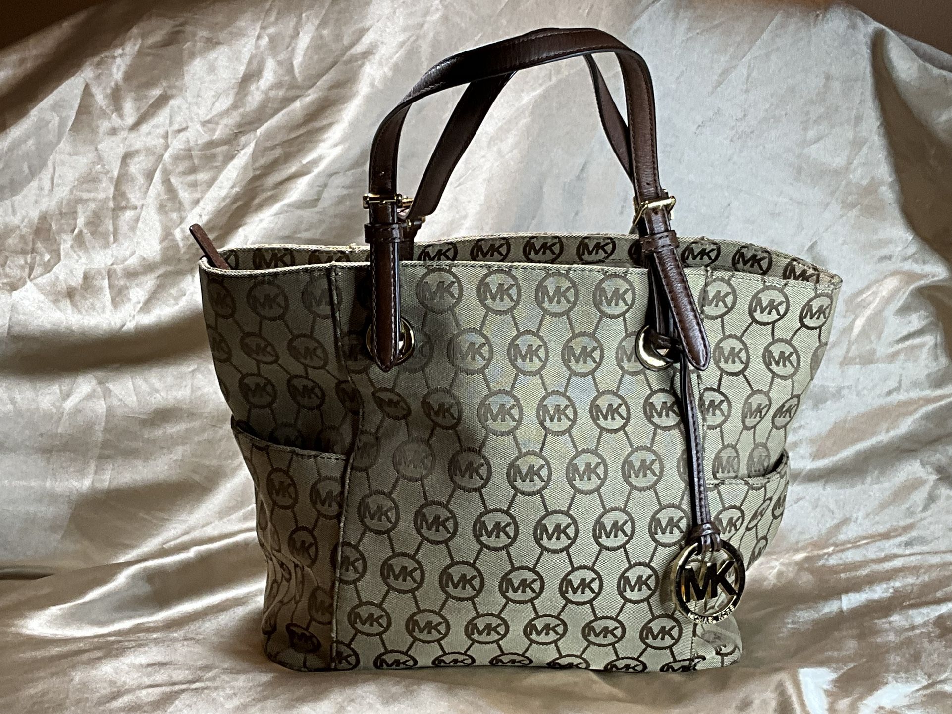 Michael Kors Jet Set Signature Logo Covered Canvas Shoulder Tote Bag