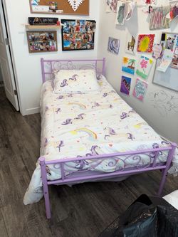 Purple Metal Twin Bed Frame with Headboard and Memory foam mattress