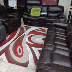 Spring Blowout Sale! Madrid Brown, Leather Reclining Sofa And Loveseat Now Only $899. Easy Finance Option. Same Day Delivery.