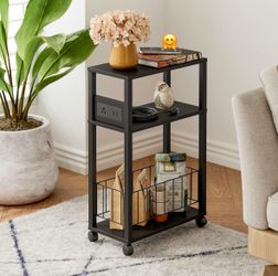 Black Narrow Side Table with Charging Station, Small End Table for Small Spaces, Slim Nightstand with Storage Basket