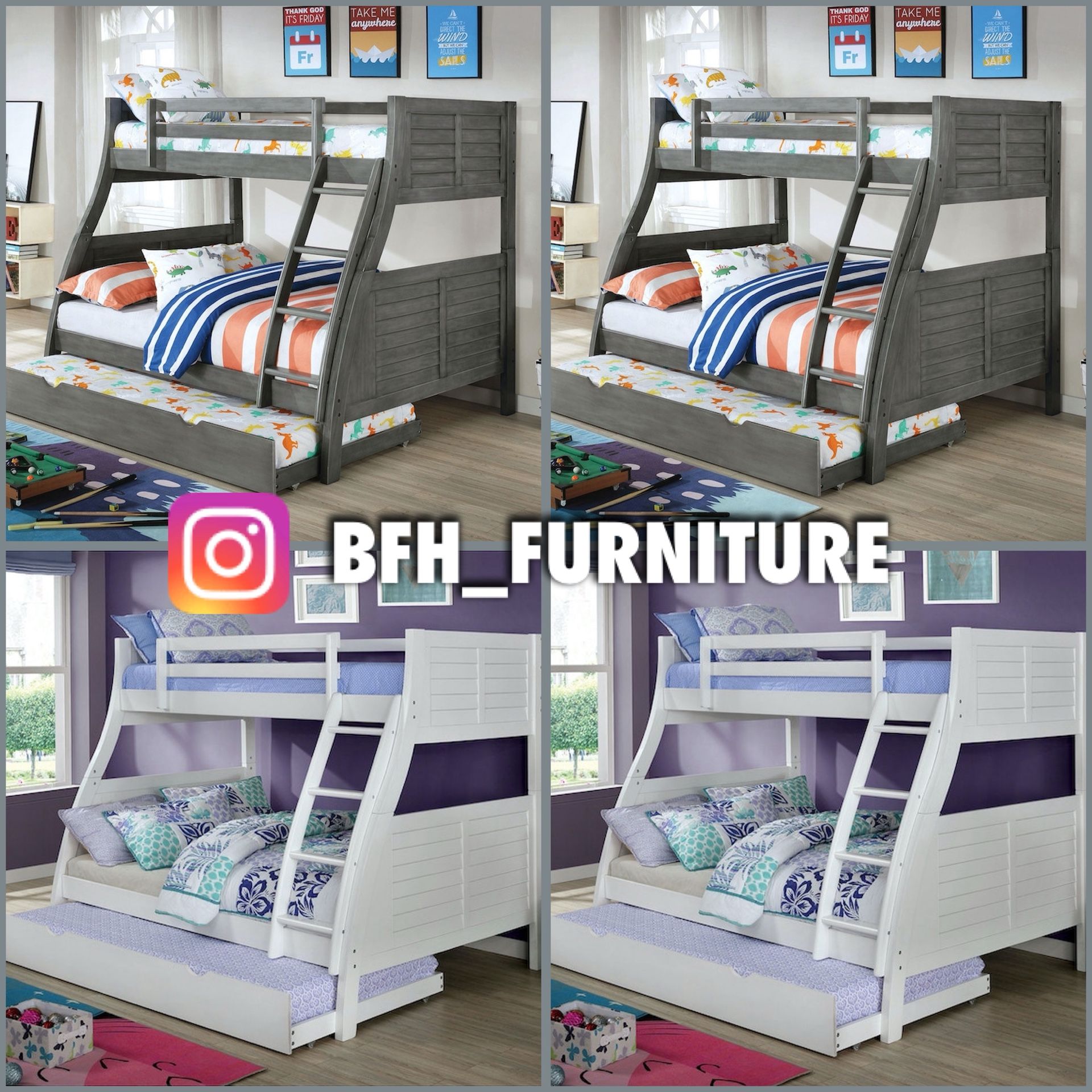 Twin/Full/Twin Gray Hoover Collection Bunk bed w. Orthopedic Mattresses Included 